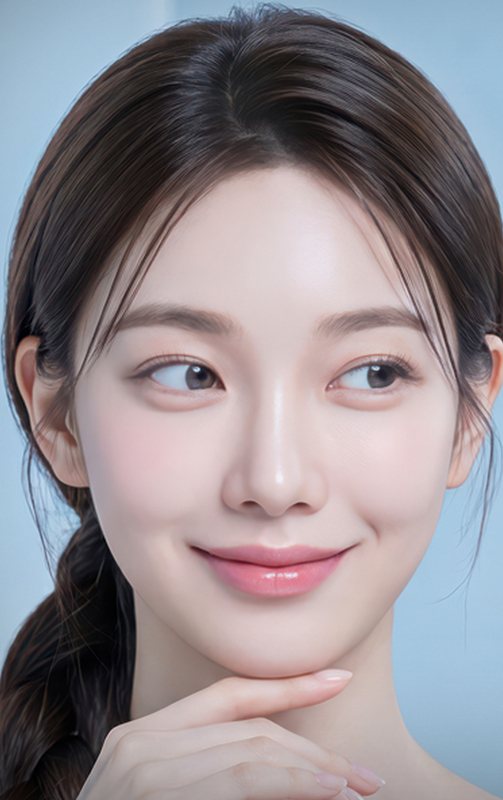 땋은 머리 여성 모델이 손끝을 턱에 대고 미소 짓는 모습