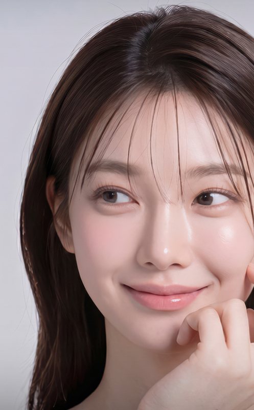 앞머리 있는 여성 모델이 손을 볼에 대고 미소 짓는 모습(연보라 배경)